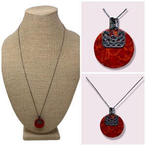 Vintage Artisan 925 Sterling Silver & Coral Disc Pendant Chain Necklace 16"